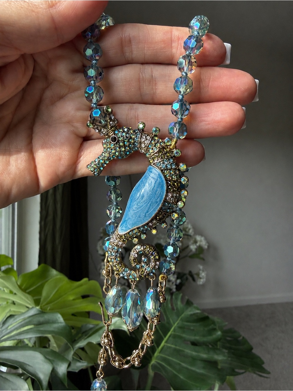 Blue Seahorse Crystal Necklace Coastal Beach Statement Pendant Jewelry